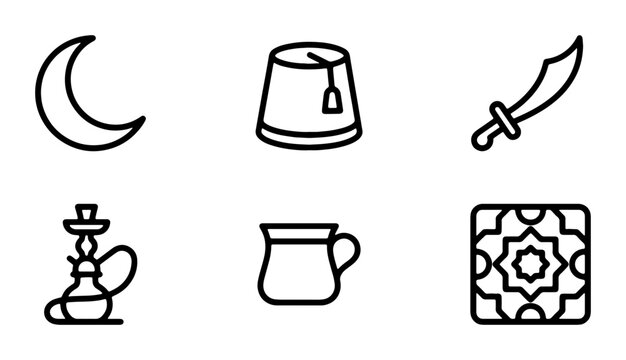 Islamic Culture Icons: Crescent Moon, Fez Hat, Scimitar, Hookah, Pitcher, Geometric Pattern