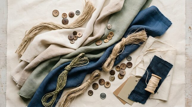 A collection of colorful fabrics and sewing materials on a table