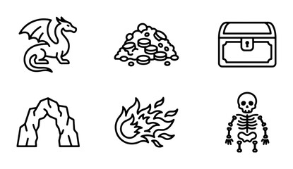 Fantasy Icons: Dragon, Treasure Chest, Skeleton, Cave Entrance, Fireball, Gold Coins © Md
