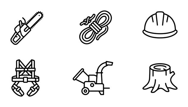Arborist Equipment Icons, Safety Gear, Wood Chipper, Chainsaw, Tree Stump, Rope
