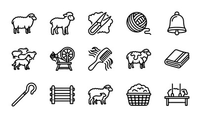 Sheep Farming Icons Set, Wool Production Graphics, Livestock Agriculture Symbols, Rural Life Vector Collection © Siyam