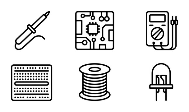Electronics Icons Set: Soldering Iron, Microchip, Multimeter, Breadboard, Wire Spool, LED