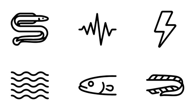 Electric Eel Icons, Energy Wave, Lightning Bolt, Water Waves, Fish Head, Circuit Board Vector Set