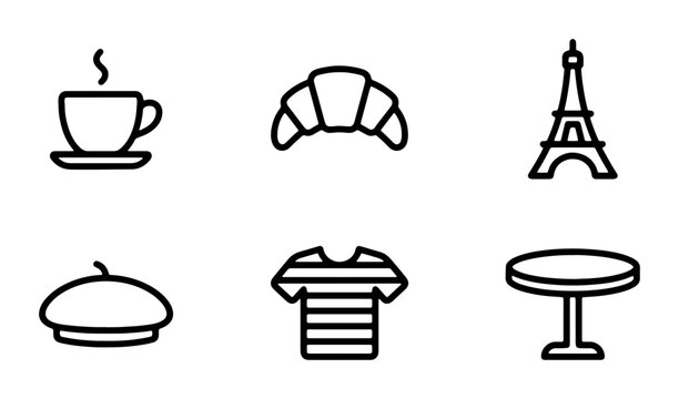 Parisian Icons Set: Coffee, Croissant, Eiffel Tower, Beret, Striped Shirt, Cafe Table