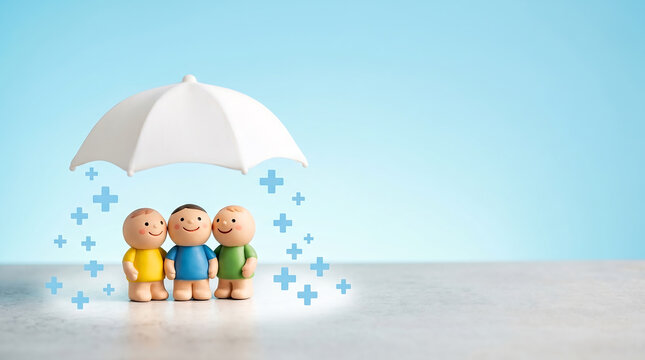 Three small colorful figurines stand happily under a white umbrella protecting them from falling blue crosses