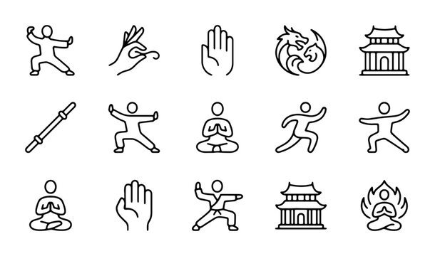 Zen Icons: Tai Chi, Yoga, Meditation Figures, Dragon, Pagoda, Mudras, Staff