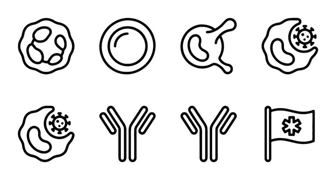 Immune System Icons: Antibodies, Blood Cells, Virus Attack, Medical Flag Vector Set