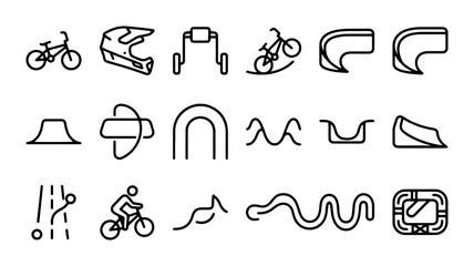 Fototapeta premium BMX Bike Park Elements, Bicycle Helmets, Ramps, Jumps, and Tracks Vector Icons Set