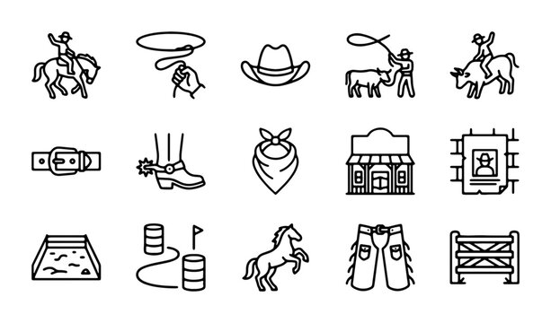 Western Cowboy Icons Set: Rodeo, Horse Riding, Ranch Life, Wild West Symbols