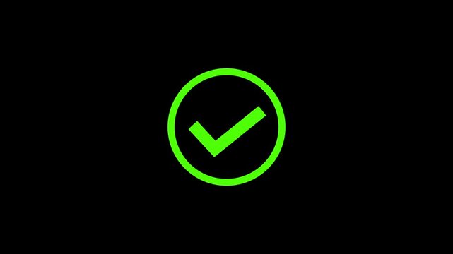 Check mark symbol animation on black background. Alpha channel, transparent background
