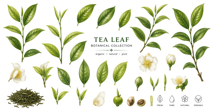 Botanical illustration of tea plant leaves and flowers with dried tea buds on transparent background