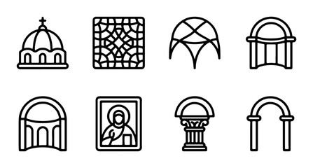 Architectural Icons: Religious Domes, Arches, Columns, and Stained Glass Elements © Shaila