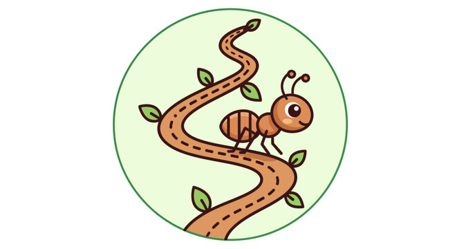 Cute cartoon ant climbing winding path with green leaves, vector illustration