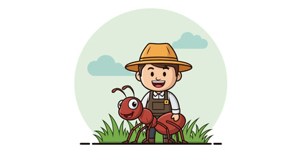 Obraz premium Cartoon Farmer Boy with Giant Ant Friend in Field