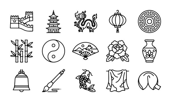 Chinese Icons Set: Dragon, Pagoda, Great Wall, Fortune Cookie, Koi Fish, Bamboo, Yin Yang
