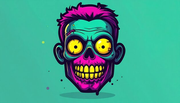 Vibrant Zombie Head Illustration - Spooky and Colorful Cartoon Character on Teal Background.