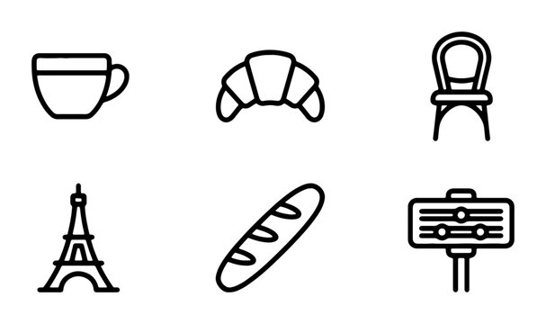 Parisian Cafe Icons: Coffee Cup, Croissant, Chair, Eiffel Tower, Baguette, Sign