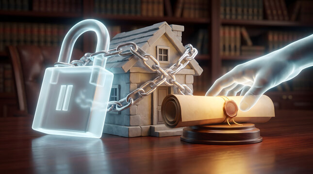 Real estate legal protection and property foreclosure concept with miniature house locked by chain and padlock next to contract scroll on wooden table