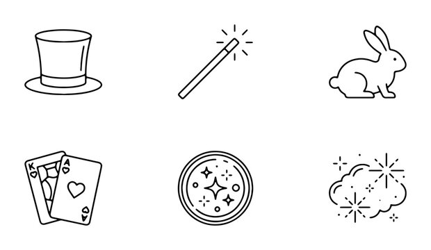 Magic Show Icons: Top Hat, Wand, Rabbit, Cards, Glitter, Smoke, Vector Set