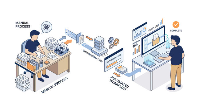 Business Digital Transformation and Automation Workflow Illustration Comparing Stressful Manual Process and Modern Efficient Electronic System