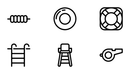 Pool Safety Icons: Lifeguard Chair, Whistle, Ring Buoy, Ladder, Skewer, 6 Vector Elements © Ajadul
