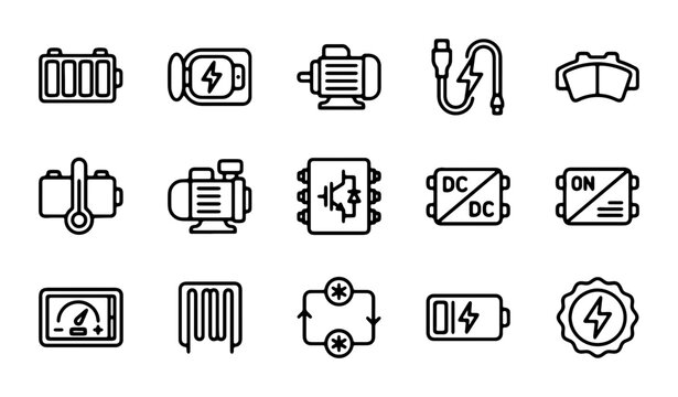 Electrical Engineering Icons Set: Power, Motors, Batteries, Circuits, Energy Technology