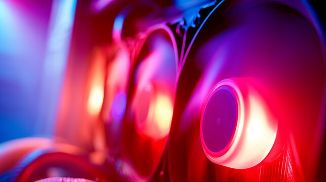 Row of powerful electric computer cooling fans operating inside digital server unit
