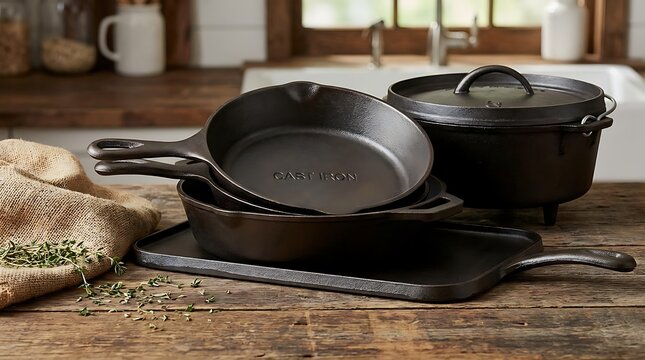 Rustic kitchen with cast iron skillets and Dutch oven on wooden counter.