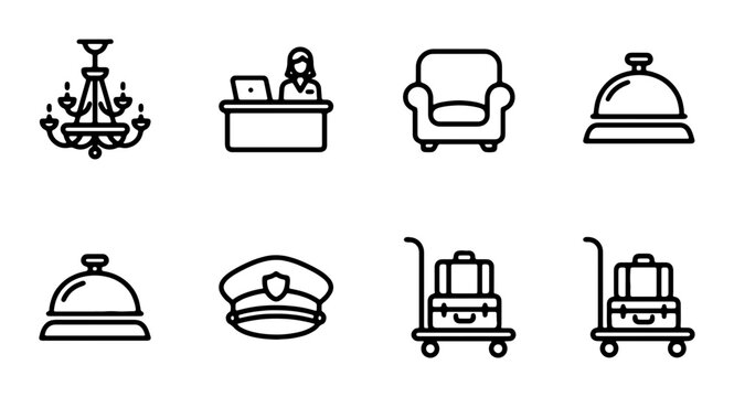 Hotel Service Icons: Reception, Luggage Cart, Bellhop Hat, Chandelier, Armchair