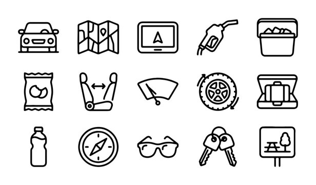 Car Travel Icons Set, Road Trip Essentials, Navigation & Comfort Vector Graphics