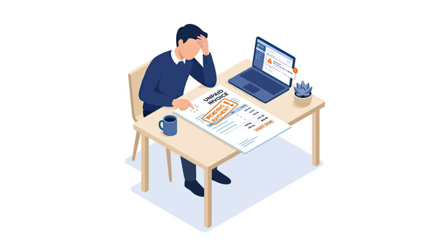 Stressed Businessman Looking at Unpaid Invoice and Past Due Bill at Desk, Isometric Vector Illustration