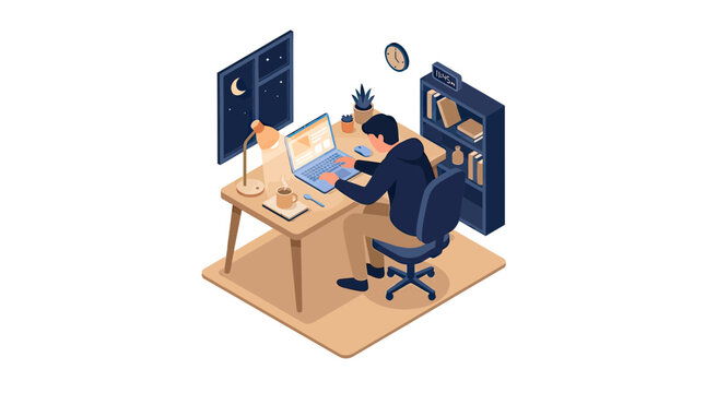 Isometric illustration of a man working late at night on a laptop in a cozy home office with a desk lamp and starry night window view
