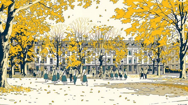 Autumn Youth Walk, a vibrant portrayal of teenagers strolling through a park filled with golden leaves, evoking nostalgia and warmth in a retro anime style against a clean background.