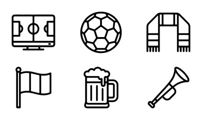 Soccer Fan Icons: Football Field, Ball, Scarf, Flag, Beer, Horn, Vector Set © Sabbir