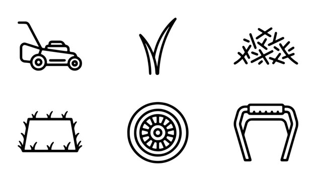 Gardening Icons Set: Lawn Mower, Grass, Clippings, Wheel, Handle, Turf Slice