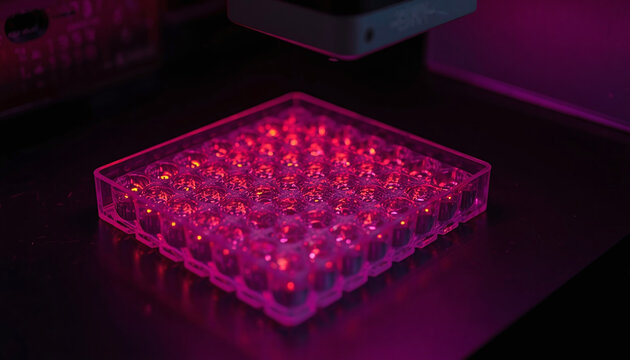 well plate under a time‑resolved fluorescence reader, wells showing HTRF signals (ratio of 665 nm to 620 nm) &ndash; plate in reader, stable signals, dim light with pulsed excitation, HTRF‑compatible plate 