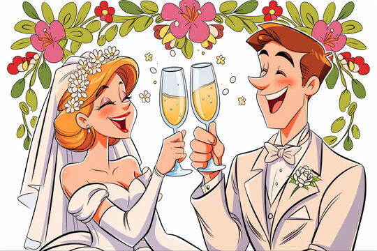 Wedding couple illustration with champagne isolated on white background