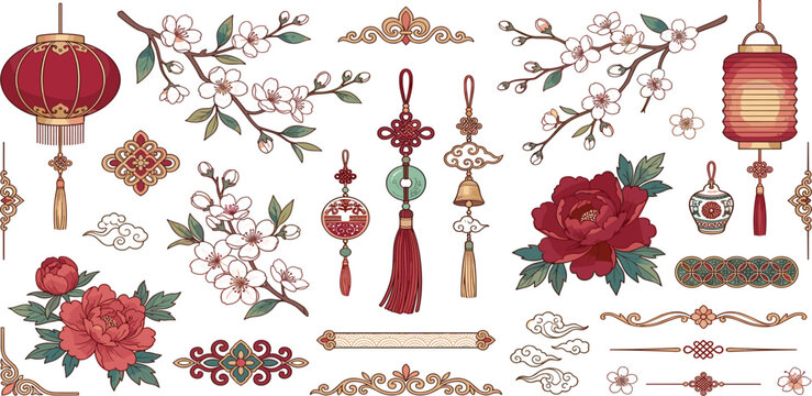 Traditional Chinese Decorative Elements Collection with Lanterns Peonies Cherry Blossoms Tassels Clouds and Ornamental Asian Festival Vector Set