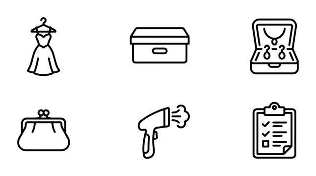 Fashion Accessories Icons, Wardrobe Essentials Vector Set, Clothing Care Tools, Jewelry Box, Purse, Garment Steamer, Checklist, Clean Line Art Graphics