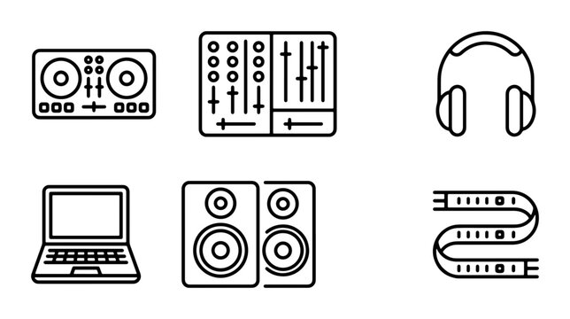 DJ Equipment Icons, Music Production Tools, Audio Technology Graphics, Set of 6 Vector Elements for Digital Media and Entertainment