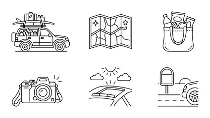 Travel Icons Set: Road Trip Adventure, Navigation Map, Shopping Bag, Camera, Sunroof, Parking Spot Vector Graphics for Vacation Planning and Journey Themes © Kawsar