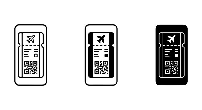 Digital Airline Ticket Icons, Mobile Boarding Pass Vector Set, QR Code Travel Pass Graphics, Airplane Flight Pass Symbols