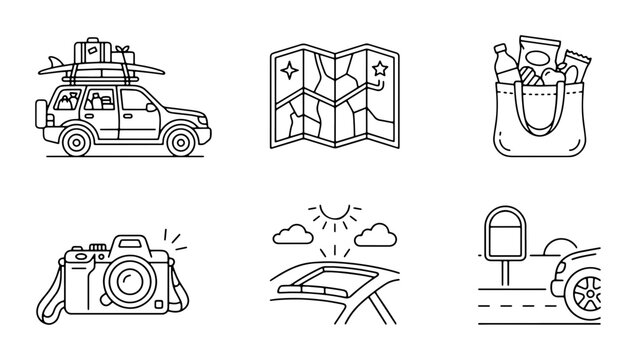 Travel Icons Set: Road Trip Adventure, Navigation Map, Shopping Bag, Camera, Sunroof, Parking Spot Vector Graphics for Vacation Planning and Journey Themes