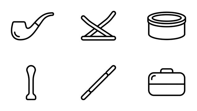 Smoking Pipe Accessories Icons, Tobacco Tin, Tamper, Cleaner Set, Vintage Style Vector Graphics for Lifestyle and Hobbies