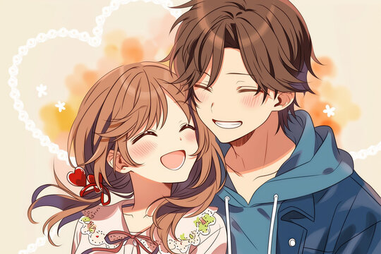 A loving couple in a romantic embrace, anime style