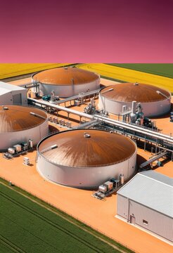 Circular anaerobic digester tanks at a biogas plant facility provide renewable energy for industrial sustainability, power sector marketing and green fuel technology