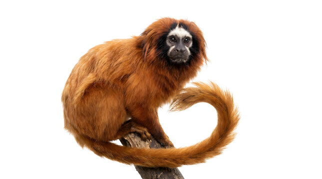 Vibrant Golden Lion Tamarin primate with striking reddish-orange fur, perched attentively on a branch, capturing its distinctive features and curious expression against a clean white backdrop