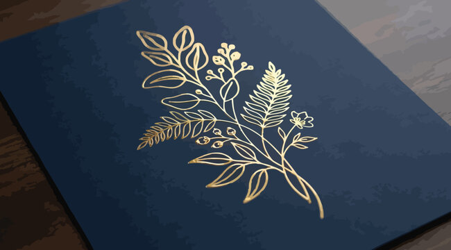 Elegant gold botanical line art illustration on dark blue textured background