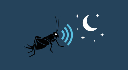 Cricket Chirping Signal at Night Under Moon and Stars, Sound Waves Illustration © Wahyu