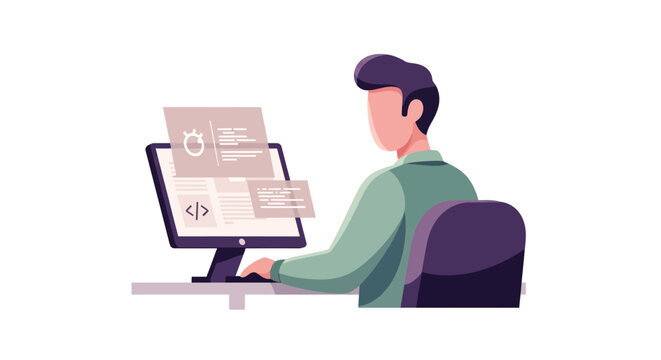 Man working on computer coding software development illustration.
